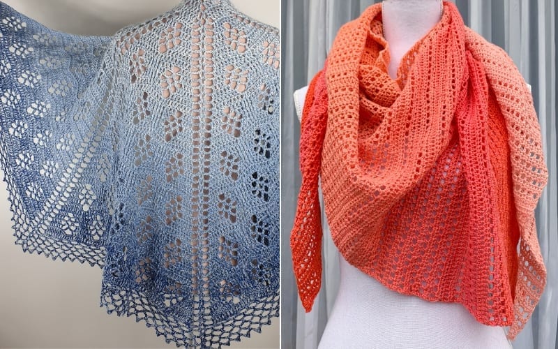 Two elegant crochet shawls are displayed. Left: Blue gradient with floral patterns. Right: Orange gradient wrapped around a mannequin. Discover free patterns to create your own stunning crochet shawls today!