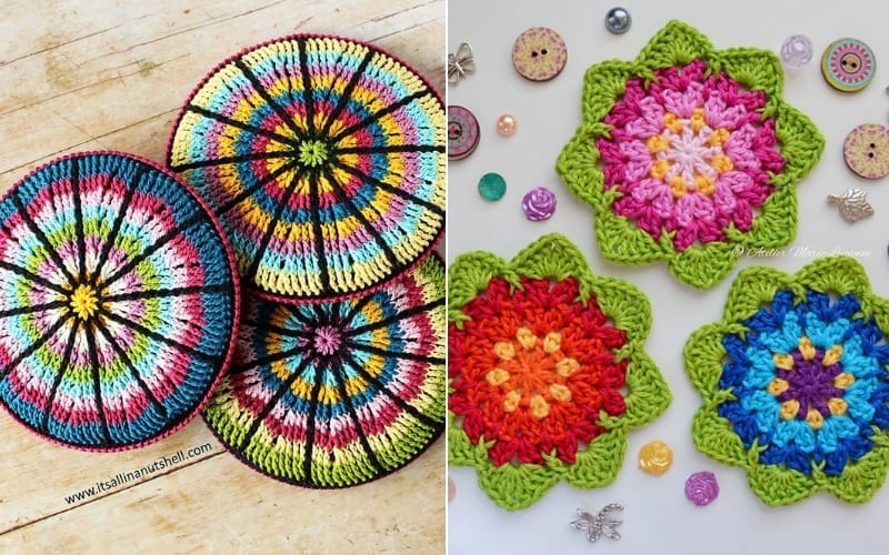 Colorful crocheted mandalas and crochet coasters adorn the wooden surface on the left, while decorative floral motifs with beads and buttons grace the right. Dive into these vibrant designs with free patterns to ignite your creativity.