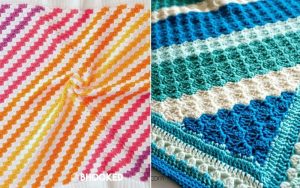 Two crocheted blankets: the left is a corner to corner baby blanket featuring diagonal rainbow stripes, while the right displays horizontal turquoise and white patterns.