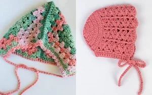 Two charming crochet baby bonnets: the left boasts a vibrant multicolored pattern in green, pink, and peach, while the right is a solid pink with delicate scalloped edges and a chin tie. Perfect for those seeking adorable free patterns to craft their own unique creations.