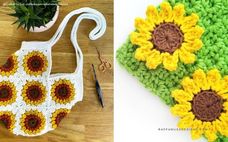 Sunflower crochet patterns come to life in this charming sunflower bag, highlighted by a close-up of intricately crocheted squares on a lush green background, complete with a crochet hook and scissors.