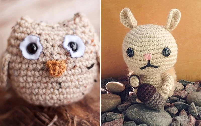 Crocheted owl with wide eyes and crocheted rabbit holding an acorn, both on textured surfaces, inspired by Forest Friends Amigurumi.