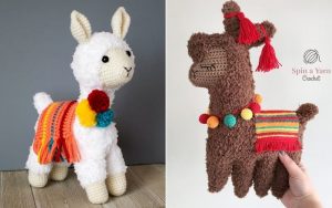 Two crocheted llamas stand side by side: one white with colorful accessories, and one brown adorned with a rainbow-striped blanket and red tassels. Perfect for those who love crochet patterns, these charming creations add a whimsical touch to any decor.