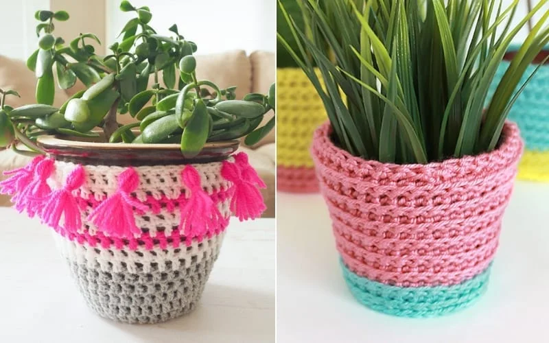 Two plant pots with crochet planter covers: one with pink tassels on the left and a pink and teal cover on the right. Explore free patterns to create your own unique crochet patterns.