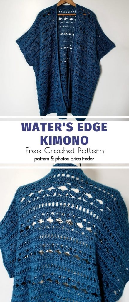 Displayed on a hanger is a blue crochet kimono, showcasing an intricate pattern. The text reads: "Water's Edge Kimono, Free Crochet Pattern," crafted by Erica Fedor. Dive into one of the finest crochet kimono patterns available and elevate your wardrobe with elegance.