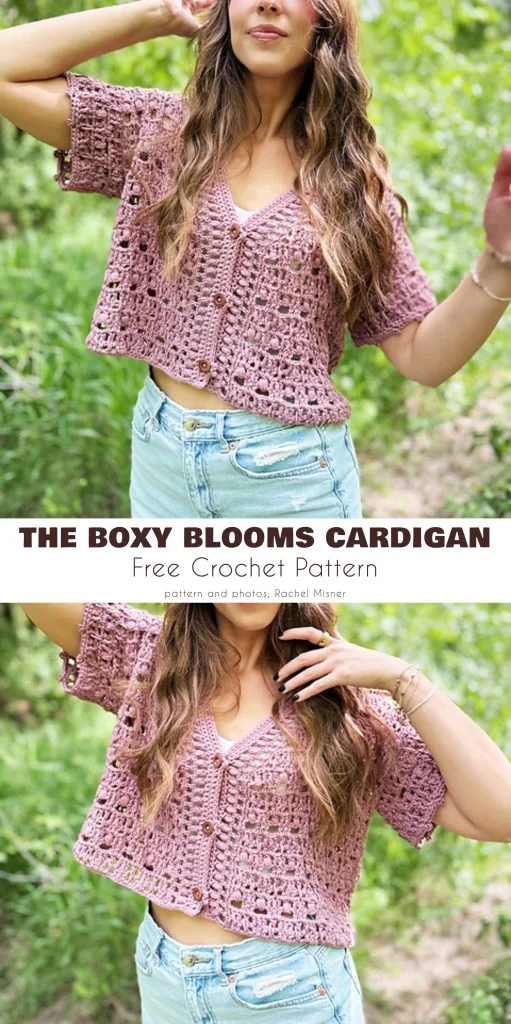 Woman wearing a light purple crocheted cardigan and light blue jeans stands outdoors in a green, leafy setting. Text reads, โThe Boxy Blooms Cardigan Free Crochet Pattern.โ This beautiful design features delicate details inspired by a crochet lace cardigan pattern, making it the perfect choice for those searching for an elegant yet easy crochet lace cardigan pattern free of charge.
