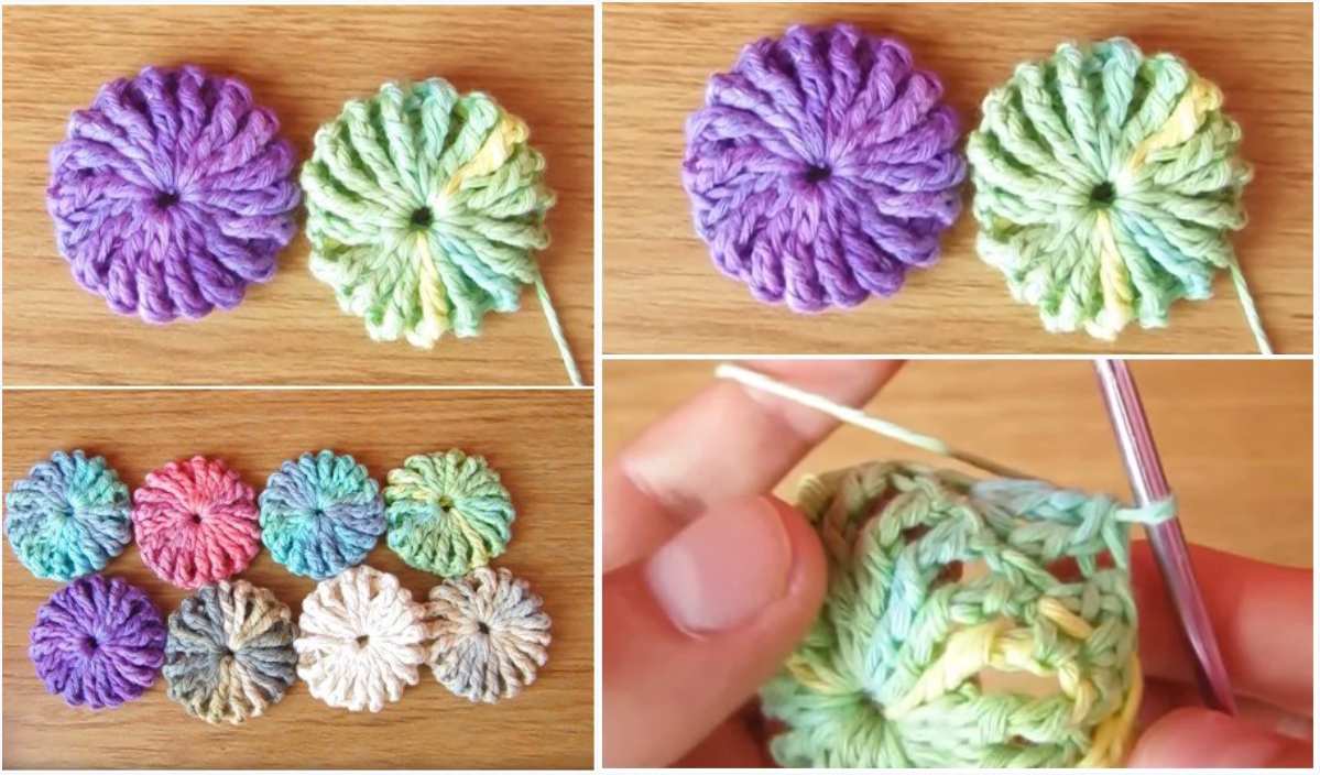 Four images showcasing crochet in progress: two completed round motifs in purple and green, a vibrant set of crocheted circles, and a close-up of a hand crafting with green yarn. Discover the free crochet pattern for these puff flower designs!