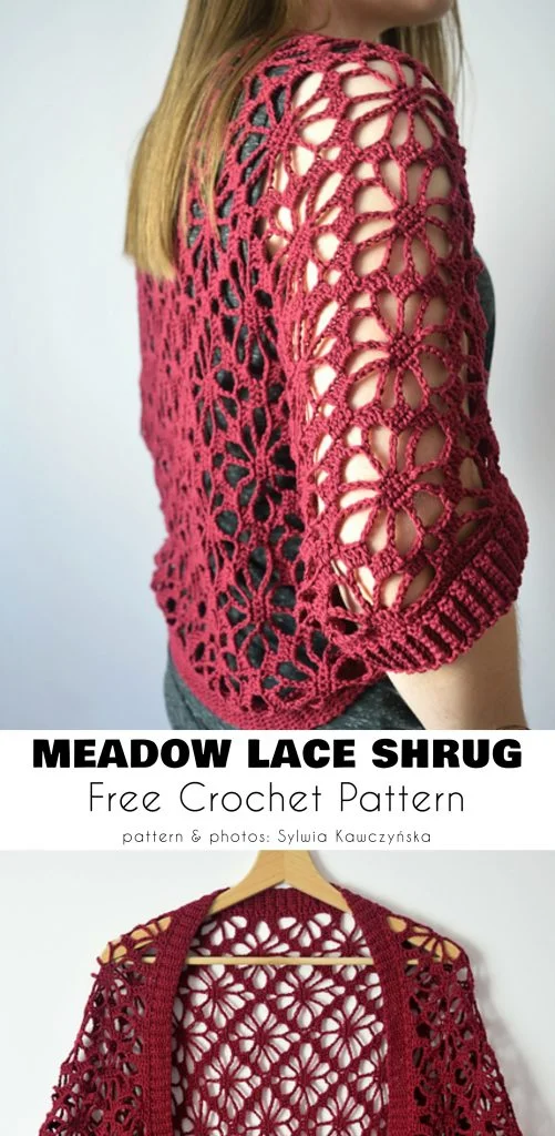 A person wears a maroon crochet lace cardigan with a delicate floral lace pattern; the garment is shown from the side and displayed flat on a hanger, highlighting its intricate crochet lace cardigan pattern.