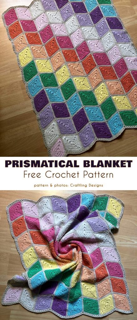 A colorful crocheted blanket with diamond-shaped patterns in shades of purple, pink, green, blue, yellow, and orange is displayed on a wooden floor. Discover the free crochet pattern for this vibrant masterpiece that can also inspire your next seaside cardigan creation.