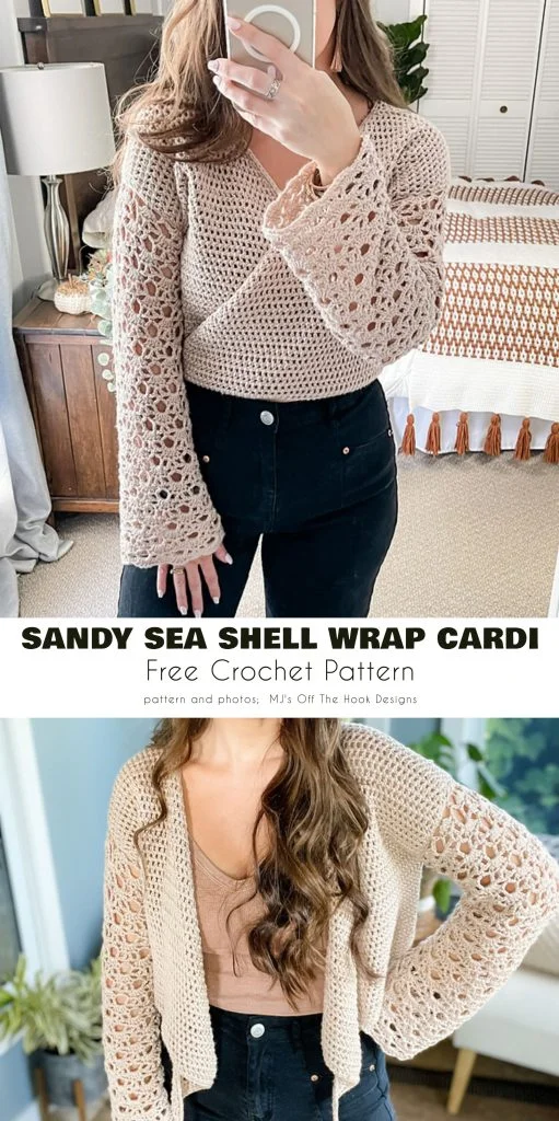 Woman modeling a beige, crocheted wrap cardigan with shell-shaped openwork sleeves and front panels. Promotional text advertises a free crochet lace cardigan pattern called โSandy Sea Shell Wrap Cardi.โ For more details or to get your crochet lace cardigan pattern free, contact magazine@yourcrochet.com.