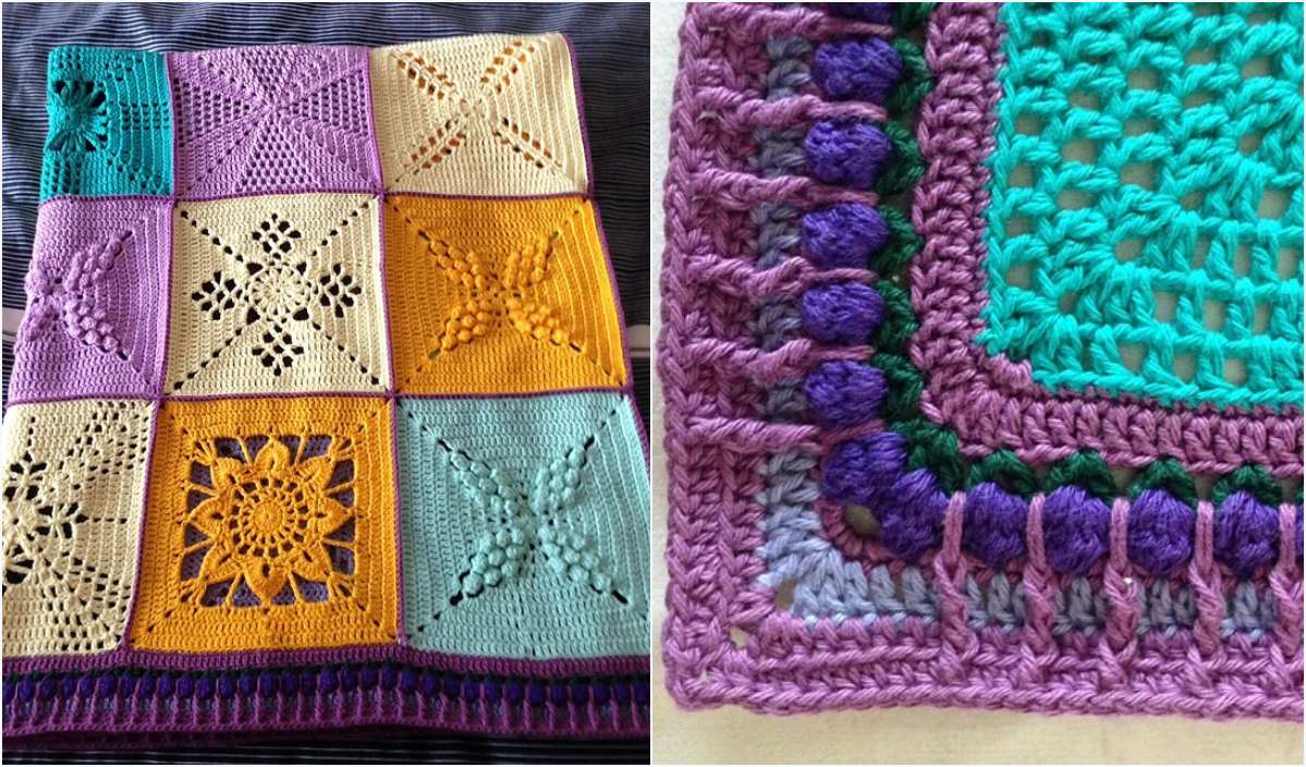 Two images of crocheted blankets. Left: a patchwork design with various patterns in purple, orange, and yellow squares. Right: a close-up of intricate purple, teal, and turquoise crochet work showcasing Betty's Beautiful Border. Perfect inspiration for your next free crochet pattern project!