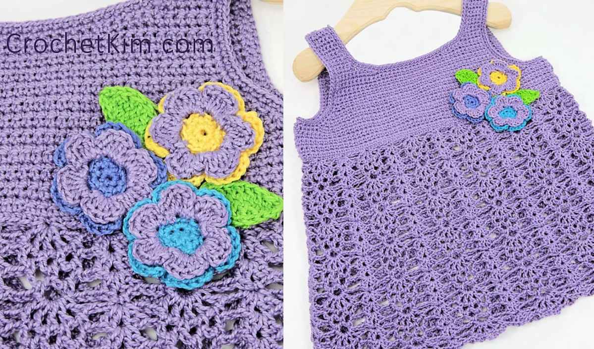 Purple crocheted dress with floral appliqués on the chest, featuring yellow and blue flowers with green leaves. Inspired by a free crochet pattern, it's perfect for creating your own charming design.