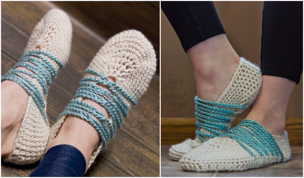 Close-up of Branwen Slippers, featuring cream-colored bases with aqua laces. These crocheted delights are perfect for both wooden and tile floors.