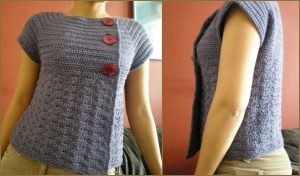 A blue knit crop cardigan with large red buttons is shown in front and side views, worn by a person.