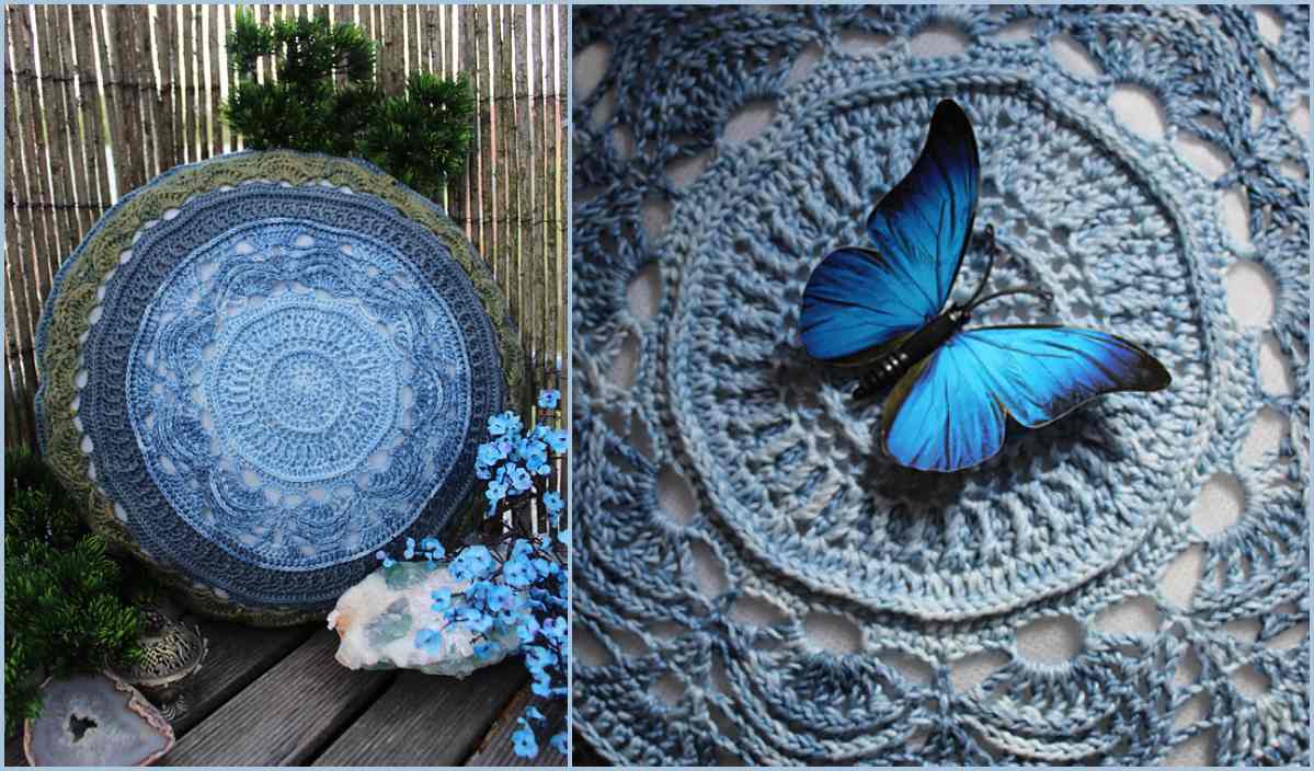 A round crochet artwork in blue and green tones is displayed outdoors, resembling an elegant doily. A close-up reveals a vivid blue butterfly resting on the intricate crochet pattern.