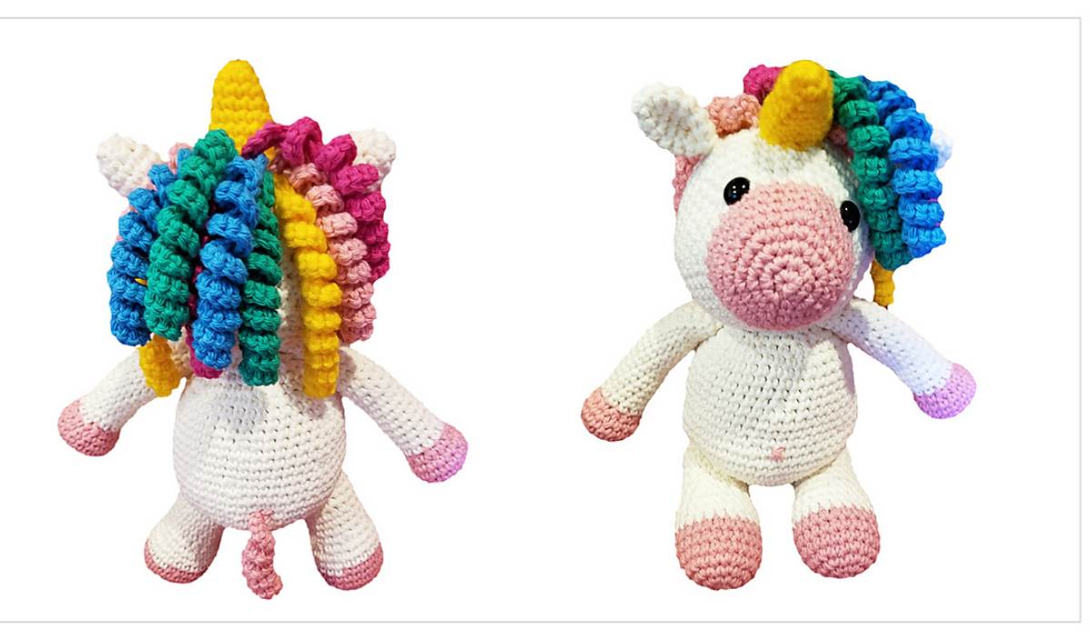 Front and back views of a crocheted unicorn toy, featuring a colorful mane, pink hooves, and a yellow horn. Capture the magic with this delightful crochet pattern that's as enchanting as it is detailed.