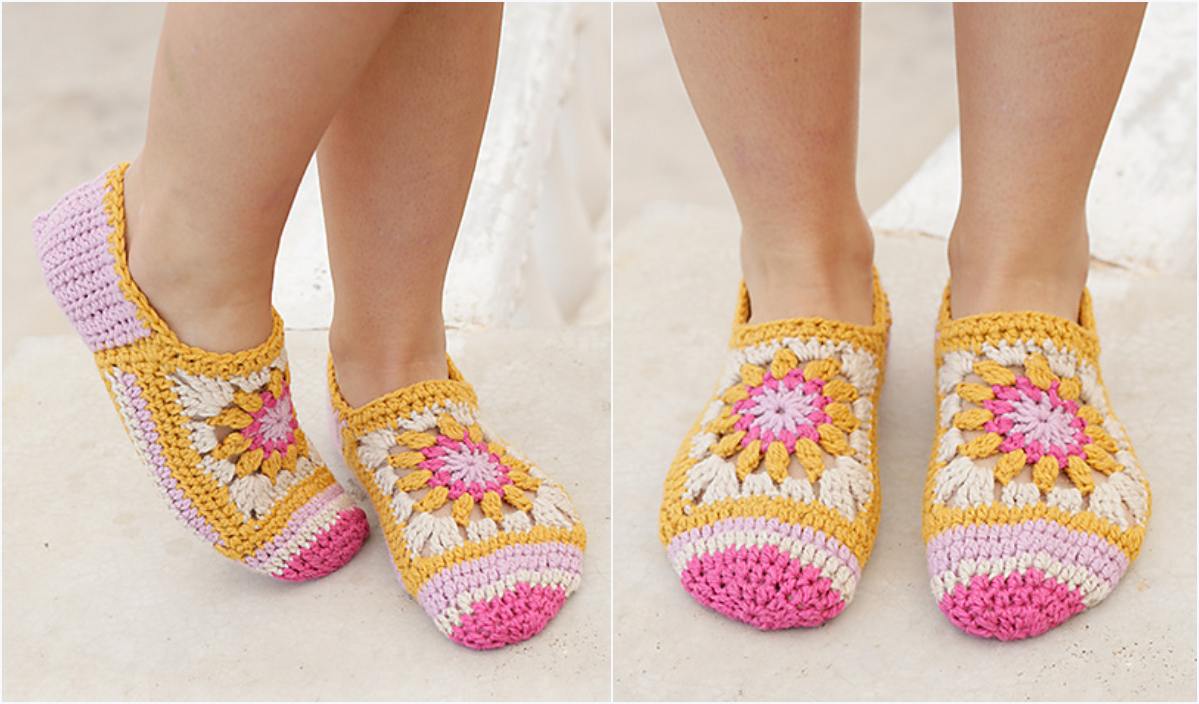 Feet adorned with Crochet slippers showcase a vibrant geometric pattern in pink, yellow, and cream, reminiscent of Himalayan Rose Slippers.