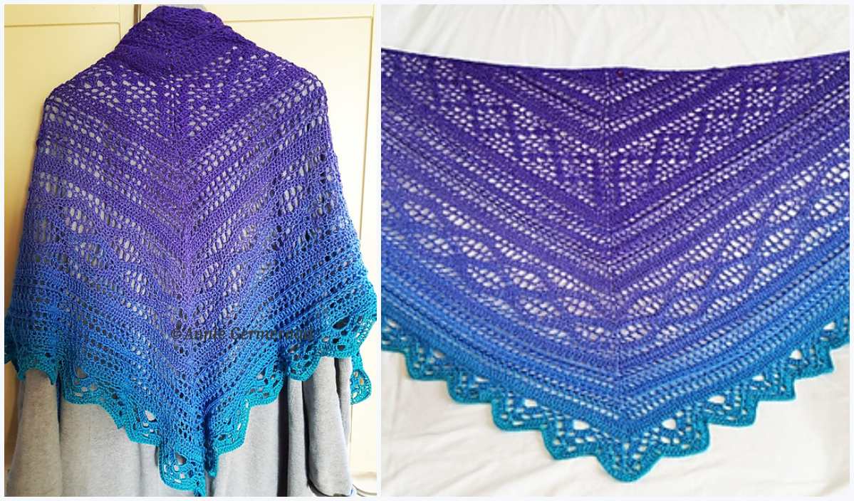 The Luna Viola Shawl is a knitted triangular piece featuring a lovely gradient pattern that transitions from purple to blue. Displayed gracefully on a person and laid flat, this stunning accessory blends elegance with versatility.