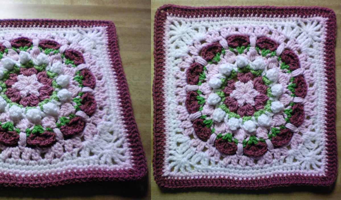 Two side-by-side images showcase a charming crochet pattern with floral motifs in pink, white, and green, framed by a burgundy border. This design could easily complement your collection of birthday bunnies or other delightful creations.