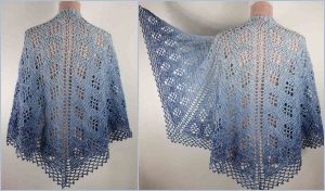 Two views of a handmade crochet shawl with a floral pattern, featuring a gradient from light to dark blue reminiscent of Sparkling Waves.