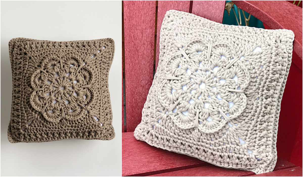 Two handmade crochet pillows with intricate floral patterns, including a textured flower pillow in brown on a white background, and another in light beige adorning a red wooden chair.