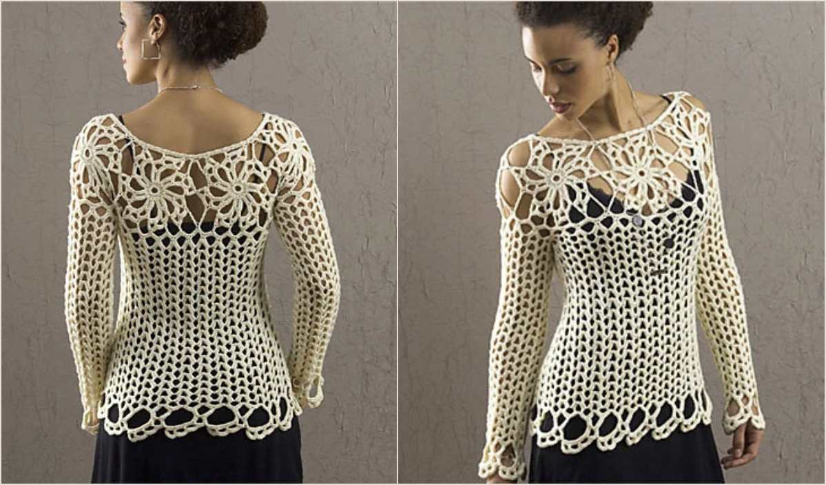 A woman dons a cream crocheted top featuring a delicate petal flower mandala at the neckline and long sleeves. The view captures both front and back in exquisite detail.