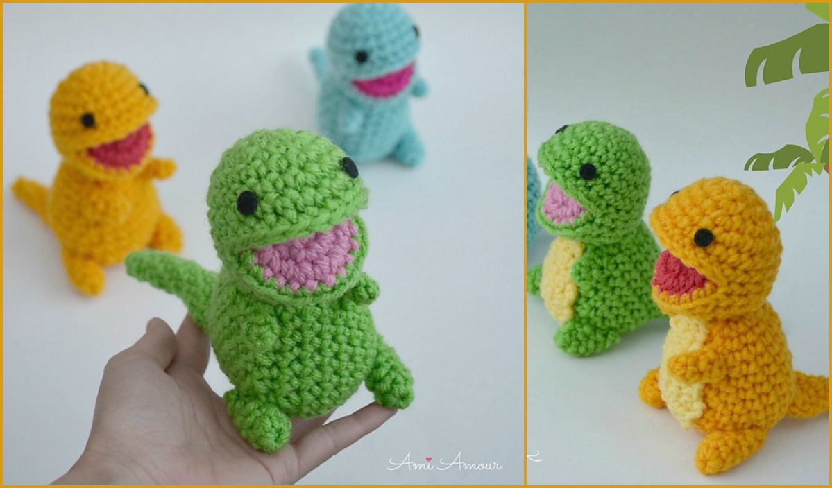 Three adorable baby dinosaurs crocheted in green, yellow, and blue. One is cozily held in a hand, while the other two stand proudly on display. Create your own with a simple crochet pattern!