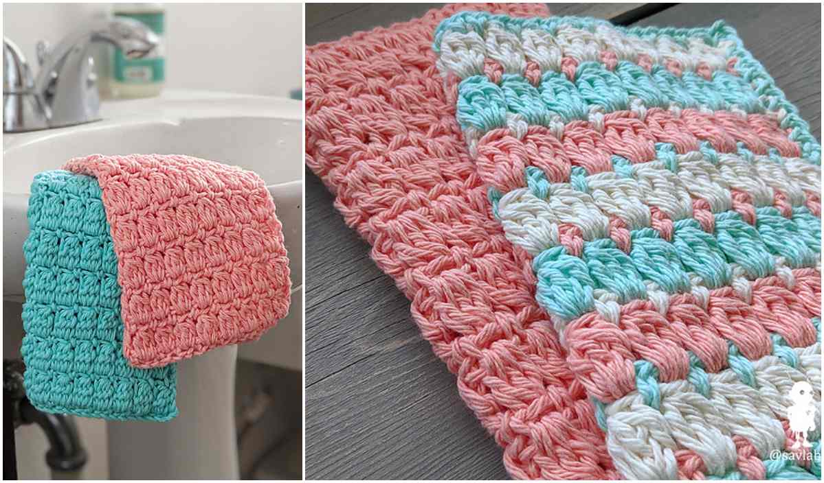 Handmade crochet washcloths in pink, green, and white, showcasing a delightful crochet pattern and intricate bobble stitch design, are displayed hanging over a sink and laid out on a table.