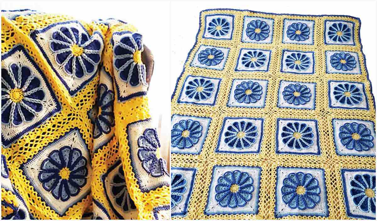 This charming crochet blanket showcases square patterns with blue and yellow floral designs, reminiscent of the elegant Celtic Dream Lace Afghan. Enjoy crafting your own with this free crochet pattern!