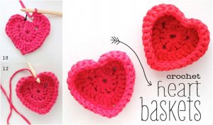 Lana Blossom presents charming crochet heart baskets in progress and completed, with two pink heart-shaped baskets displayed. An arrow points to the elegant finished baskets beside the text "crochet heart baskets." Grab your free pattern today!