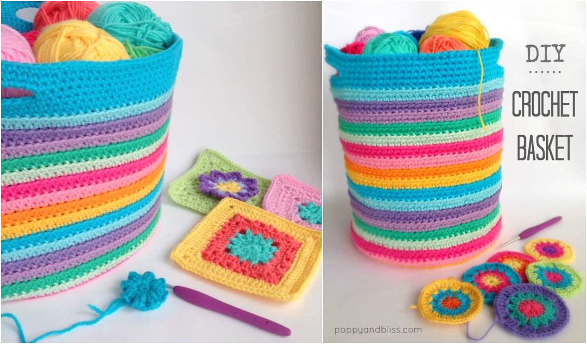 A colorful striped crochet basket filled with yarn balls sits beside square and round Fleur Afghan Block pieces. A purple crochet hook rests nearby, hinting at the possibilities of your next creation. Text reads "DIY Crochet Basket - Free Crochet Pattern.