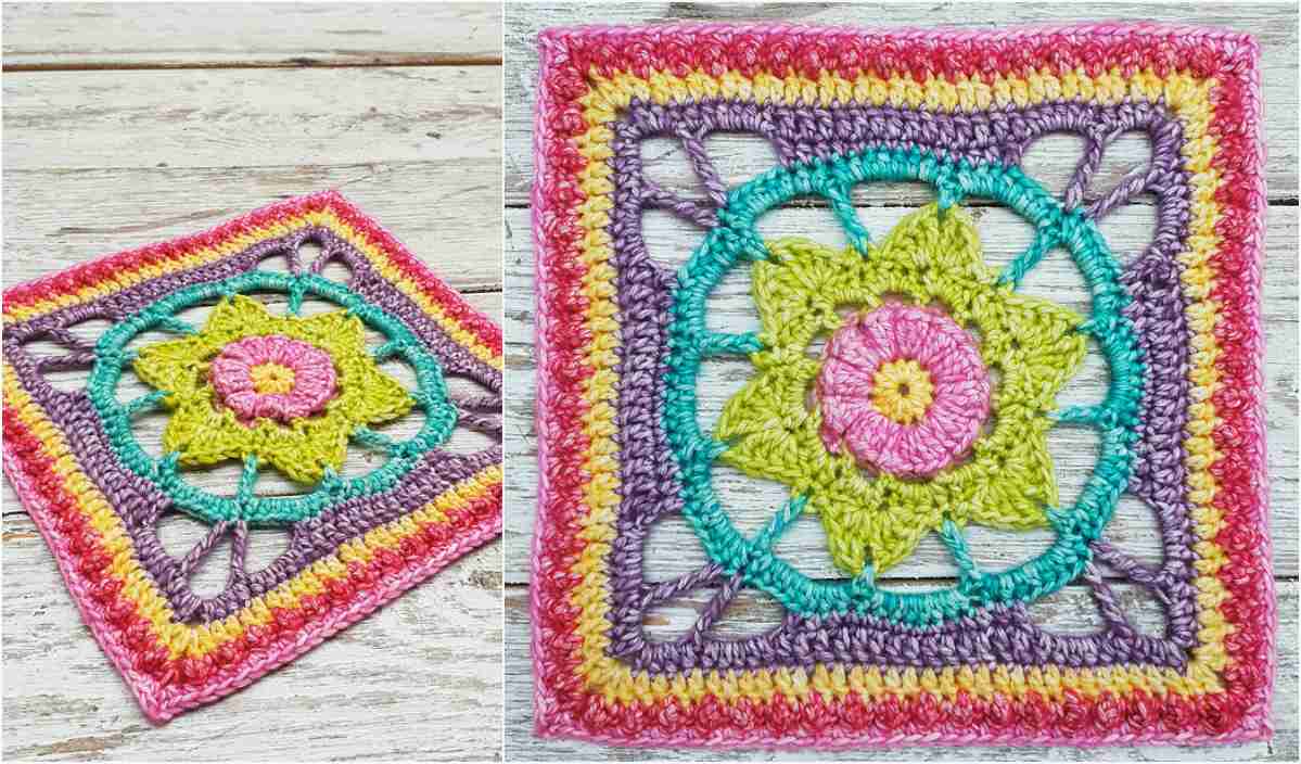 The Jeanette Square showcases a crocheted multicolored floral pattern, blending pink, yellow, green, and purple yarn against a wooden backdrop. Perfect for adding vibrant charm to any project.