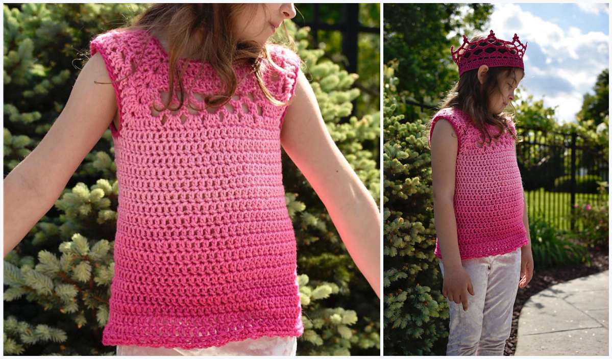 A child wearing a pink crochet top, inspired by the Luna Viola Shawl, stands outdoors near greenery with arms slightly extended. The sky is partly cloudy.