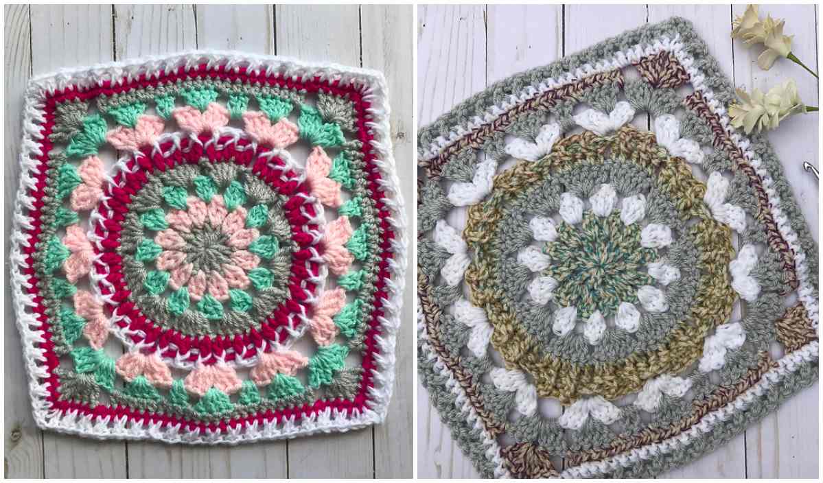 Two crocheted square patterns, each featuring intricate, colorful designs with floral motifs, capture the essence of Lana Blossom against a rustic wooden background.