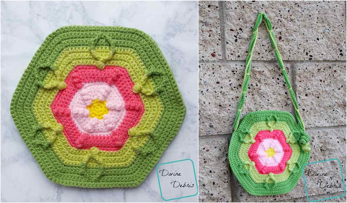 A hexagonal crochet piece with a floral pattern in pink, green, and yellow, shown flat as a granny square shoulder bag against a textured wall. Perfect for enthusiasts looking for a unique crochet pattern.