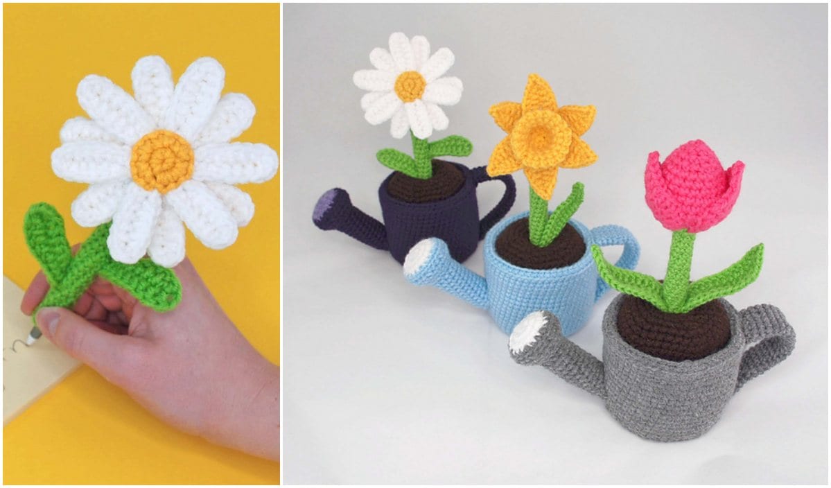 A crocheted flower blossoms elegantly from a watering can, reminiscent of the delicate artistry found in a free crochet pattern.