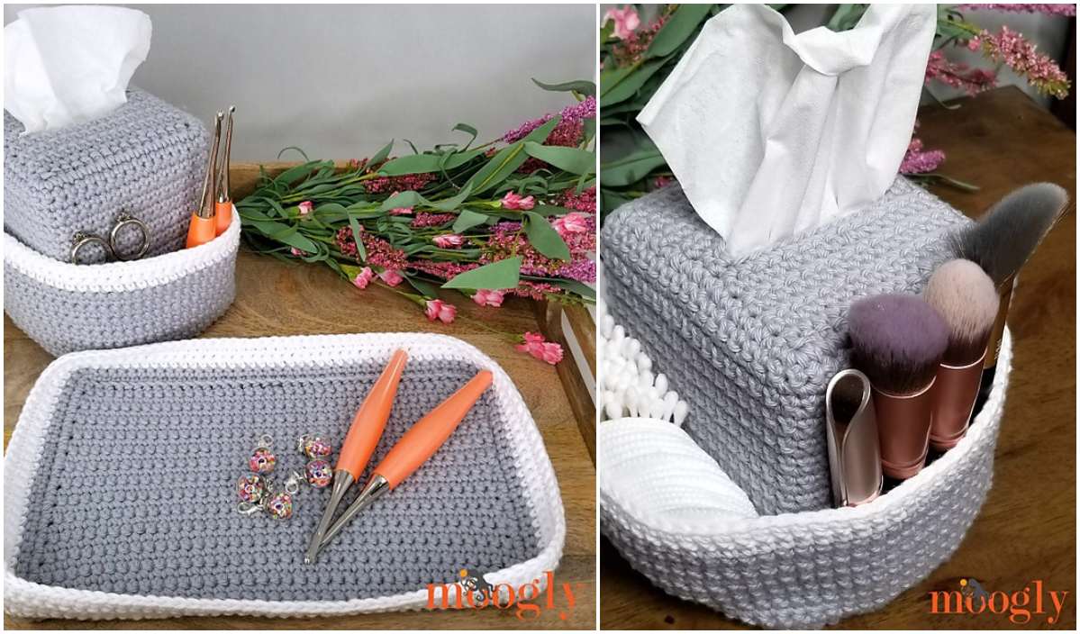 Crochet tissue cover and tray set in elegant gray and white, surrounded by tools, makeup brushes, and flowers—a perfect pampering vanity set. Keep your space stylishly organized with this chic free crochet pattern!