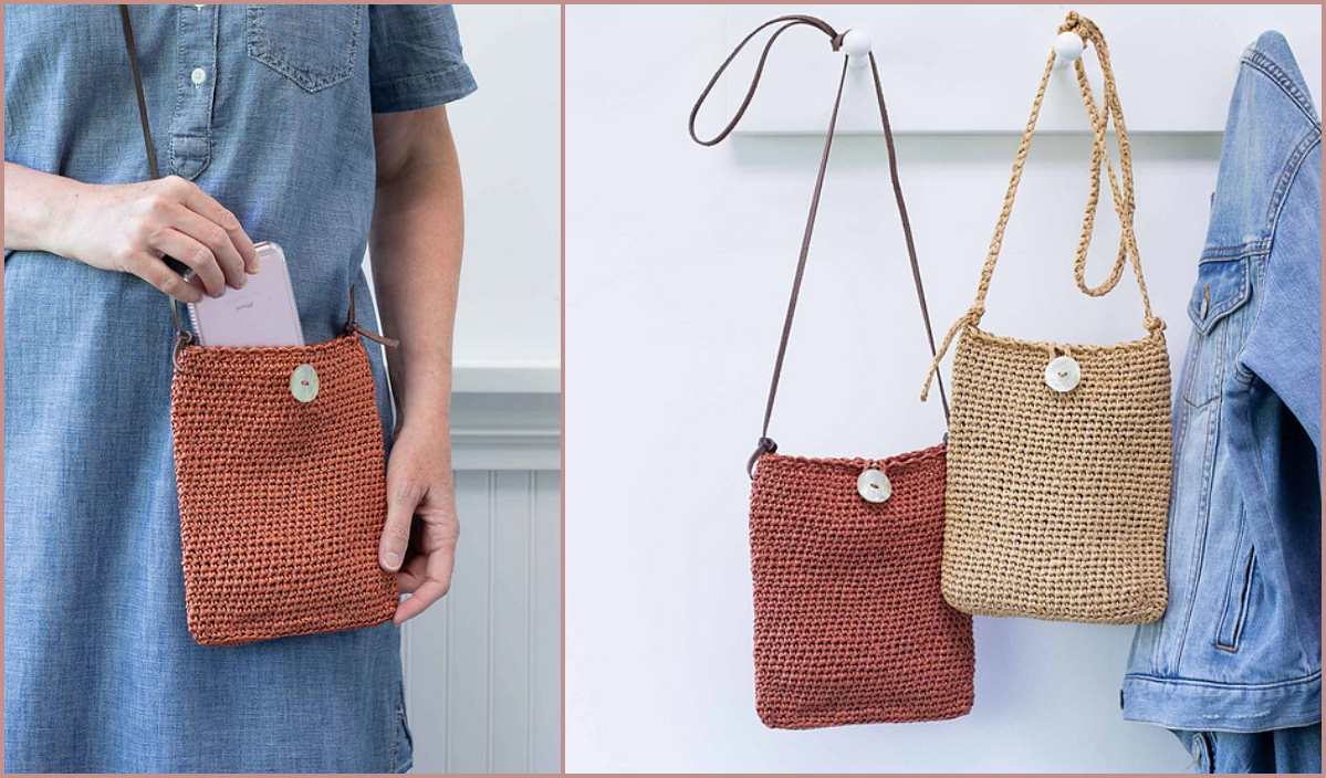 Three woven crossbody bags, two hanging on hooks and one being held with a phone nestled inside, offer style and practicality. Each bag is secured with a button closure. Try crafting your own with a free crochet pattern for that personalized touch.