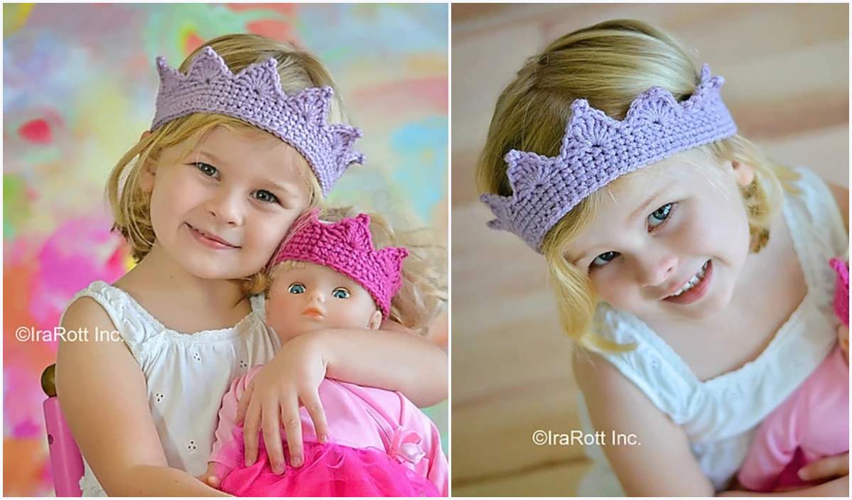 A young child, proudly wearing a purple crochet crown crafted from a free crochet pattern, holds a doll adorned with a pink princess crown in one image and beams happily in another.