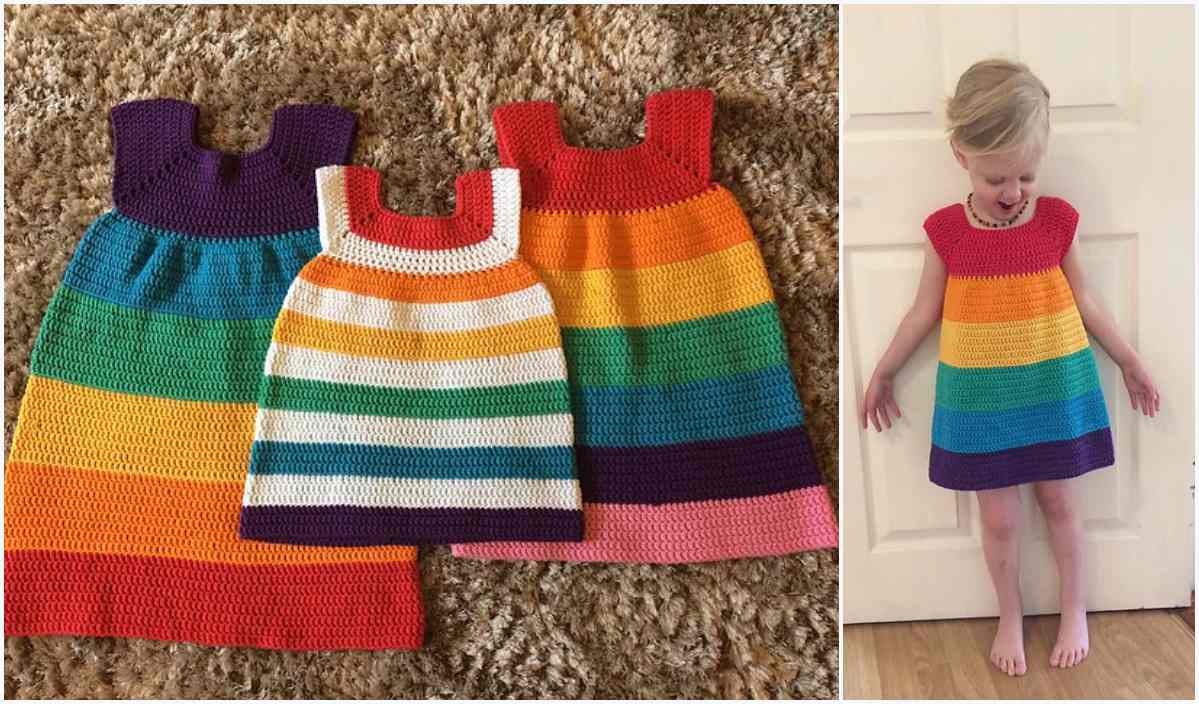 A child, dressed in a vibrant rainbow dress, stands beside three crocheted creations laid out on the floor. Crafted with care, these dresses capture the charm of a free crochet pattern come to life.