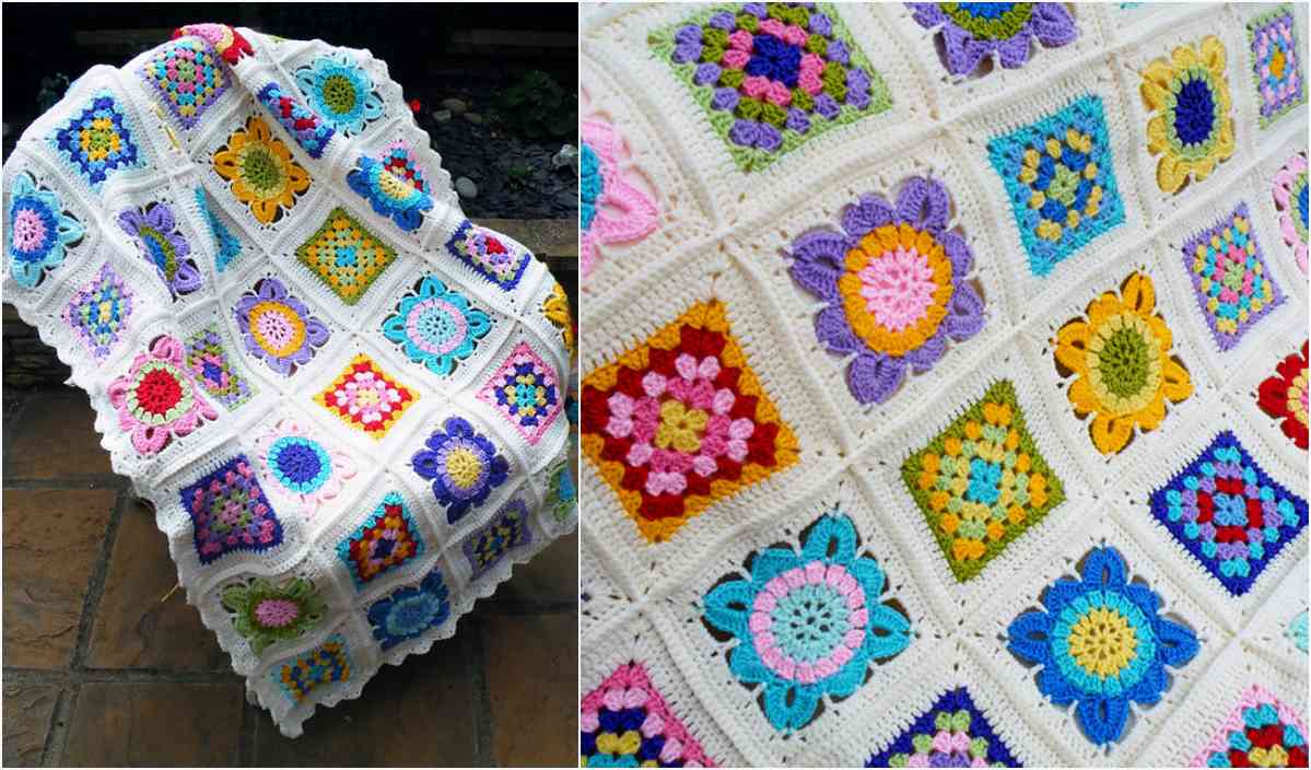 Colorful crocheted blanket with floral and geometric square patterns, featuring Betty's Beautiful Border. Edges are scalloped.