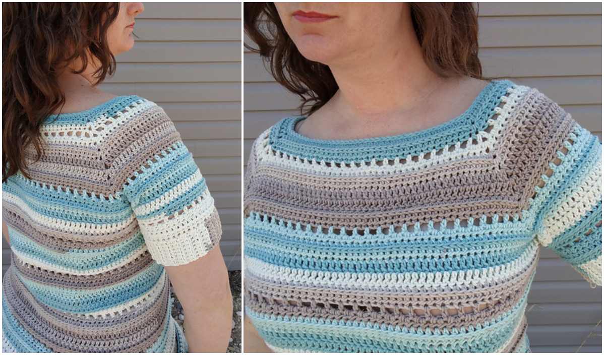 A woman dons a handmade crocheted top with blue, white, and brown stripes, reminiscent of intricate crochet patterns.