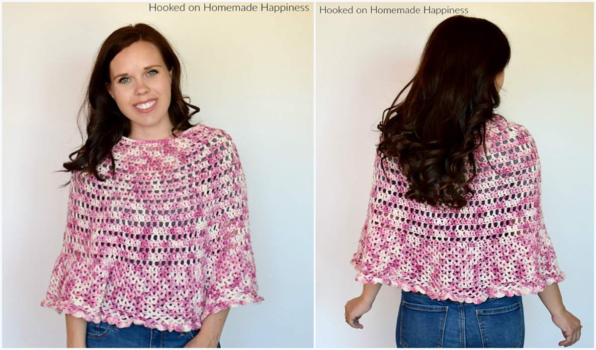 A woman showcases a crocheted pink and white poncho, capturing both front and back views. This vibrant piece, perfect for springtime, embodies the essence of a free crochet pattern.