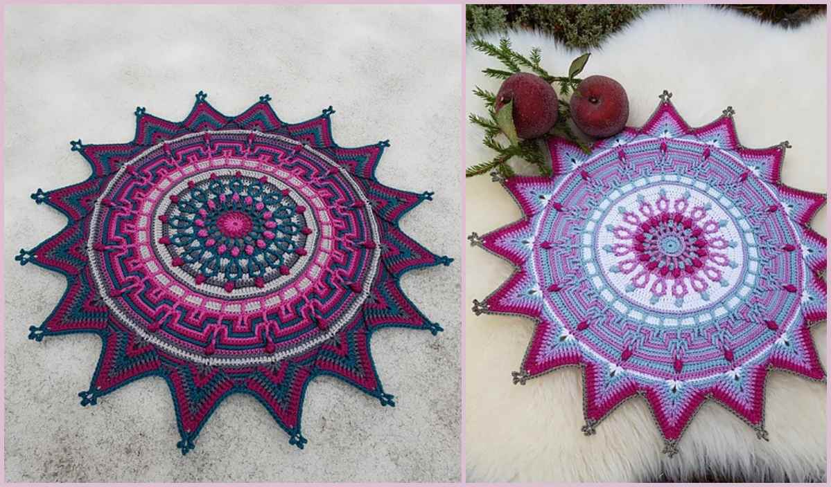 Two intricate, star-shaped crochet mandalas with geometric patterns, one in deep pink and teal hues, the other in pastel pink and white, showcased on a soft surface alongside apples and greenery. This enchanting display captures the essence of a free crochet pattern ready to inspire your next creation.