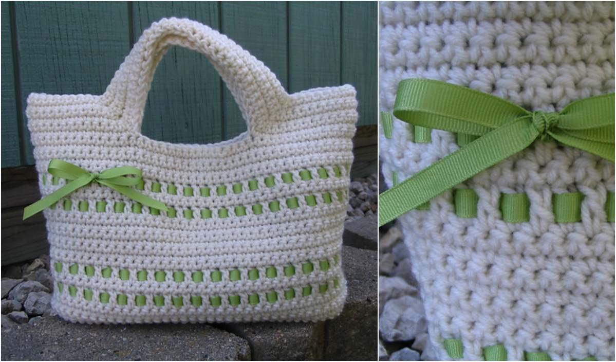 A crocheted handbag features a unique crochet pattern with a green ribbon woven through its design, set against a teal wooden background. The close-up highlights the intricate ribbon detail, perfect for those seeking inspiration for their free-spirited creations.