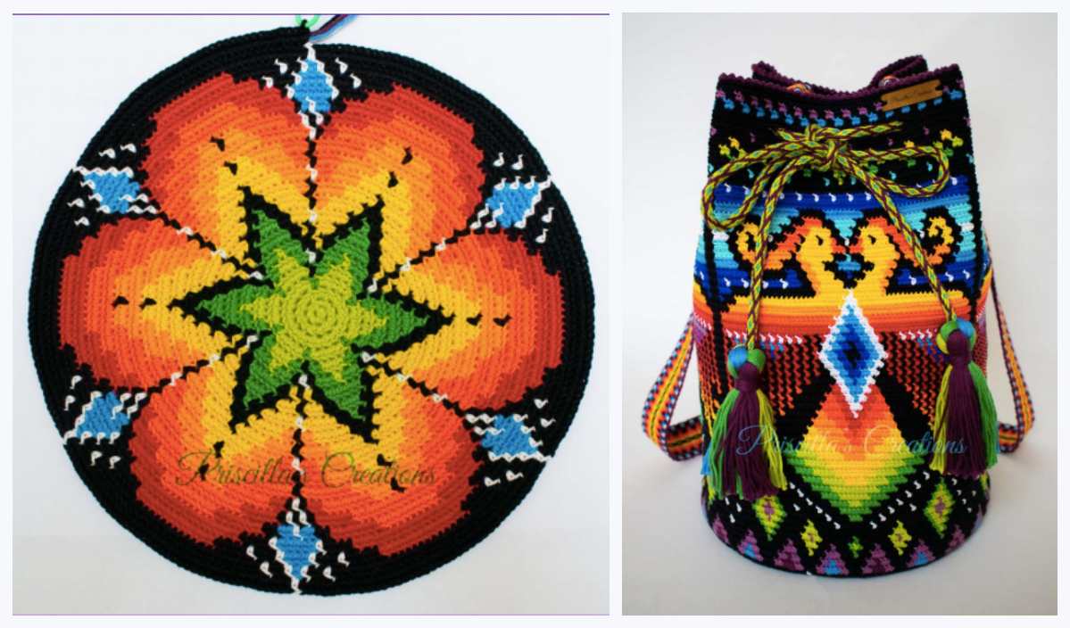 Explore colorful crochet designs: a round mandala pattern in warm tones and a matching drawstring bag with geometric shapes. This vibrant Birds Bag project offers a free crochet pattern, seamlessly blending style and creativity for all skill levels to enjoy.