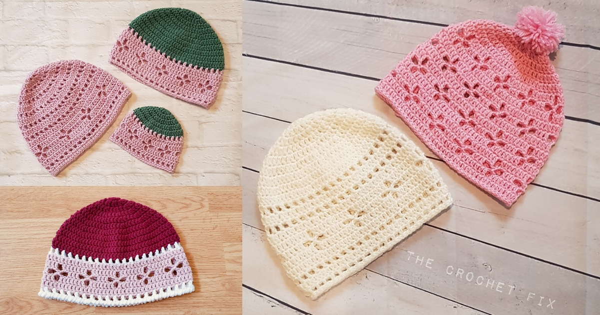 Three images display crocheted hats, including a Vintage Vibes Beanie, in various colors like pink, green, red, and cream, all placed on wooden surfaces. Discover the timeless charm of these designs with a free crochet pattern to craft your own.