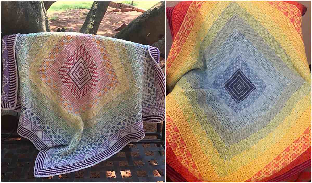 Two colorful, intricately knitted blankets are displayed against different backgrounds. One features a Wacky Weave diamond pattern on a tree branch, while the other is draped over a chair with a rainbow gradient design.