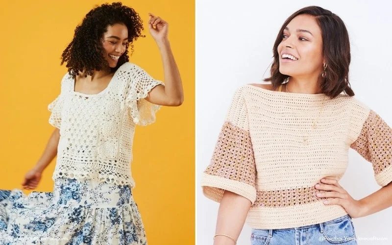 Two women showcase exquisite crochet patterns in their light-colored tops; one poses elegantly against an orange background, while the other stands poised against a white backdrop.