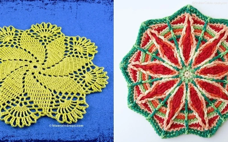 Two amazing crochet doilies: one yellow with a mesmerizing spiral design on the left, and a vibrant red and green geometric pattern on the right.